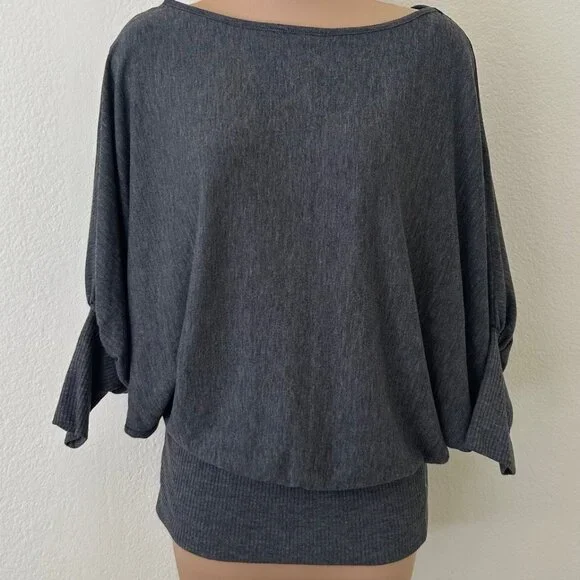 Charcoal Gray Dolman Sleeve Banded Bottom Knit Top - Picture 1 of 6